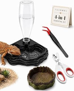 13.5Oz Reptile Water Dish, Food Bowl, 6.3in Stainless Steel Tongs and Nail Clippers Feeding Grooming Kit 4-Piece Bearded Dragon Tank Accessories for Lizard Gecko Turtle Terrarium