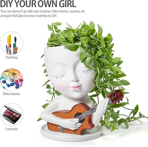 Miniatura 5 de Macetas de cara para plantas de interior y exterior, linda dama toca la guitarra, maceta suculenta con agujero de drenaje macetas de cara (blanco)