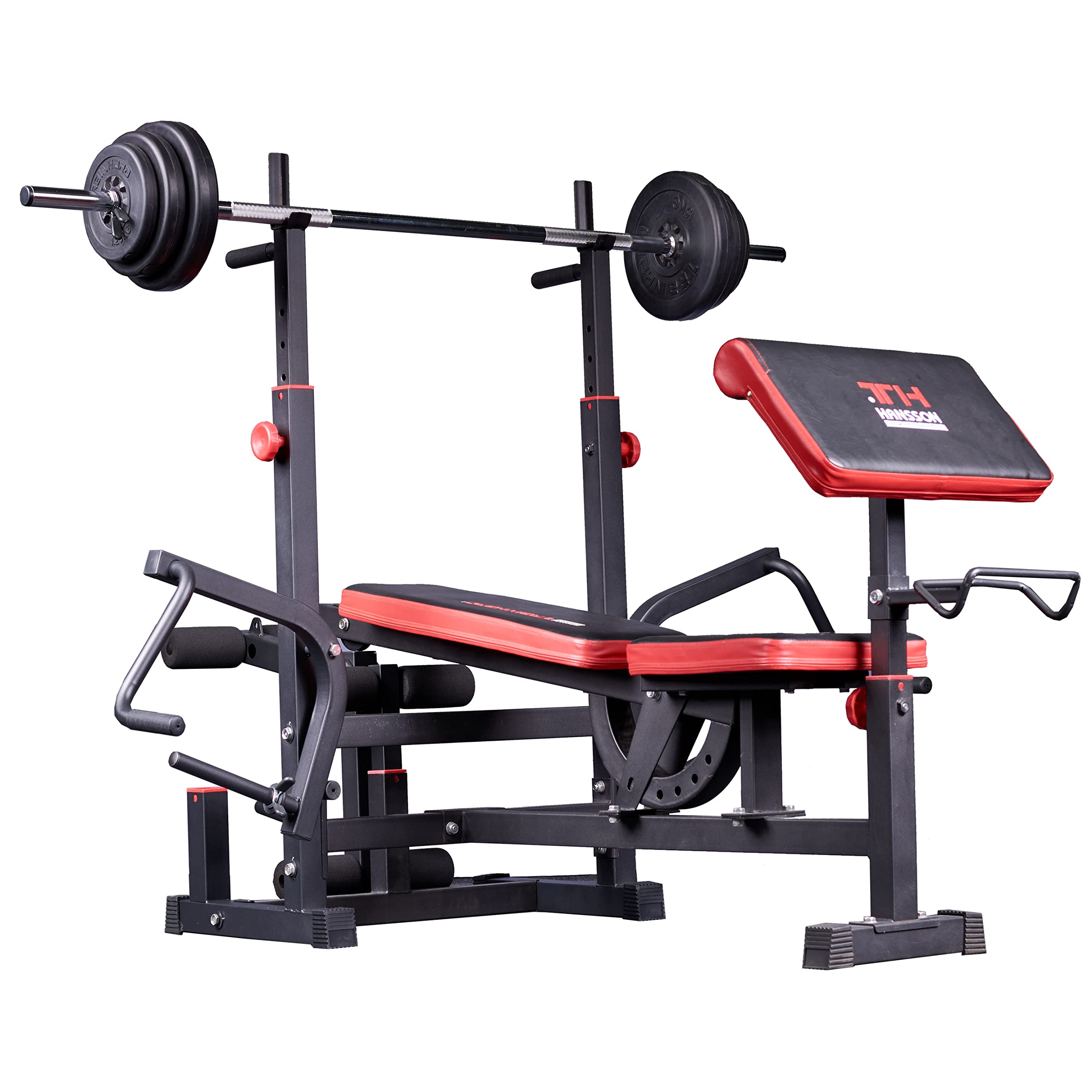 TrainHard Kraftstation Fitnesscenter Hantelbank mit vielseitigen Trainingsmöglichkeiten schwarz/rot
