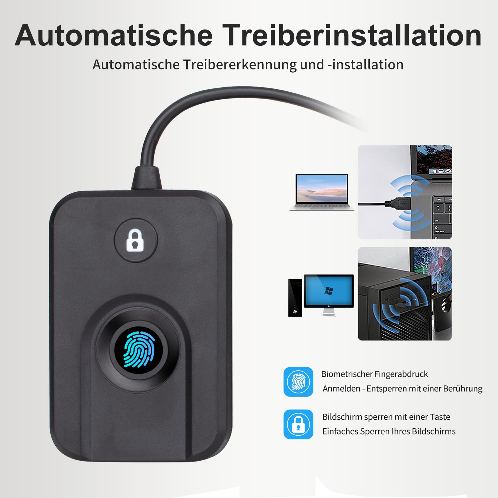 JIANBOLAND Lecteur d'empreintes digitales USB pour Windows 10/11, lecteur d'empreintes digitales Windows Hello écran de verrouillage en un clic, configuration du pilote de voiture avec câble de 5 m