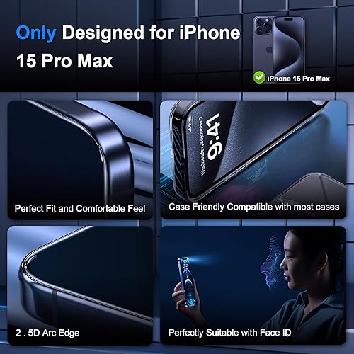 Miniatura 6 de TIUYAO Paquete de 3 protectores de pantalla de privacidad para iPhone 15 Pro Max con 3 protectores de lente de cámara de vidrio templado, dureza 9H,