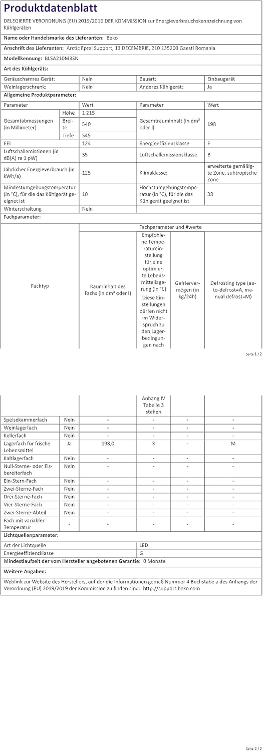 Beko BLSA210M3SN Frigorifero/Traino integrabile/Nicchia: 123 cm/35 dB [Classe di efficienza energetica A+]