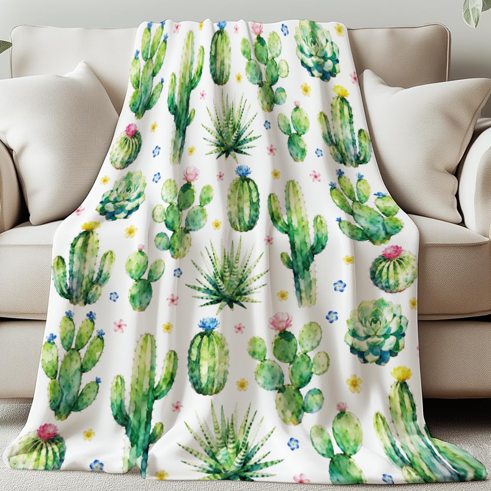 Plaid cactus et fleur jeté de canapé en flanelle pour dortoir et lit