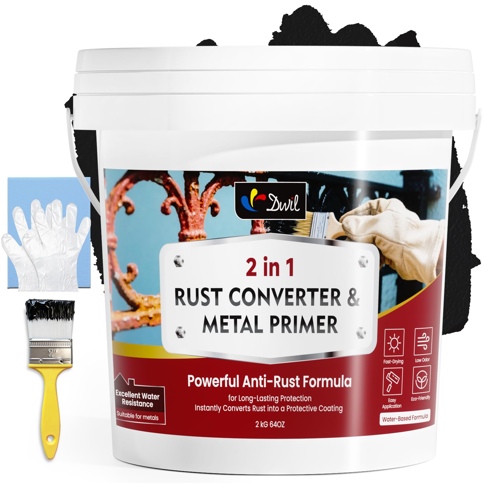 DWIL Rust Converter for Metal, 2 in 1 High-Flow Fluidity Metal Paint, Converts Rust to Long-Lasting Protective Coating, Anti Rust and Rust Prevention Paint, No Primer Needed, Black, 64 oz
