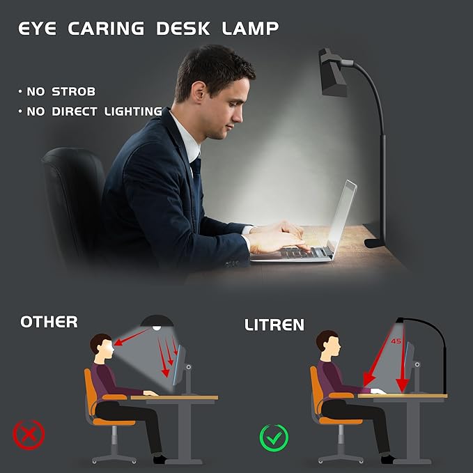 litren litren Clip On Desk Lamps for Office Home, Desk Lights with Clamp with 3 Light Modes,10 Brightness 10W USB Adapter Adjustable LED Clamp Light for Computer Desktop Workbench photo 2
