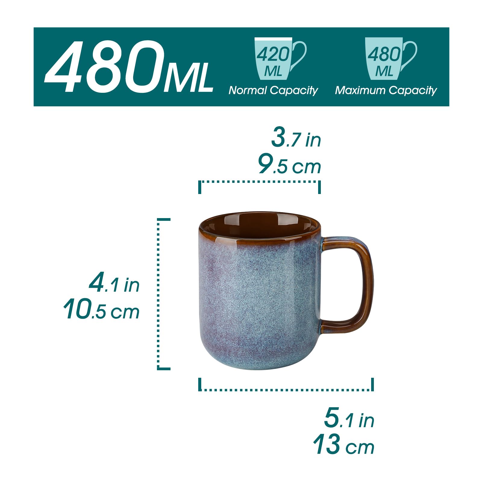 vancasso ONION Kaffeetassen Set 6-teilig, 480ml Große Steingut Becher für Kaffee, Cappuccino, Tee & Kakao, Handglasiert in Blau-Violett, Mikrowellen- & Spülmaschinengeeignet, Robust & Stilvoll