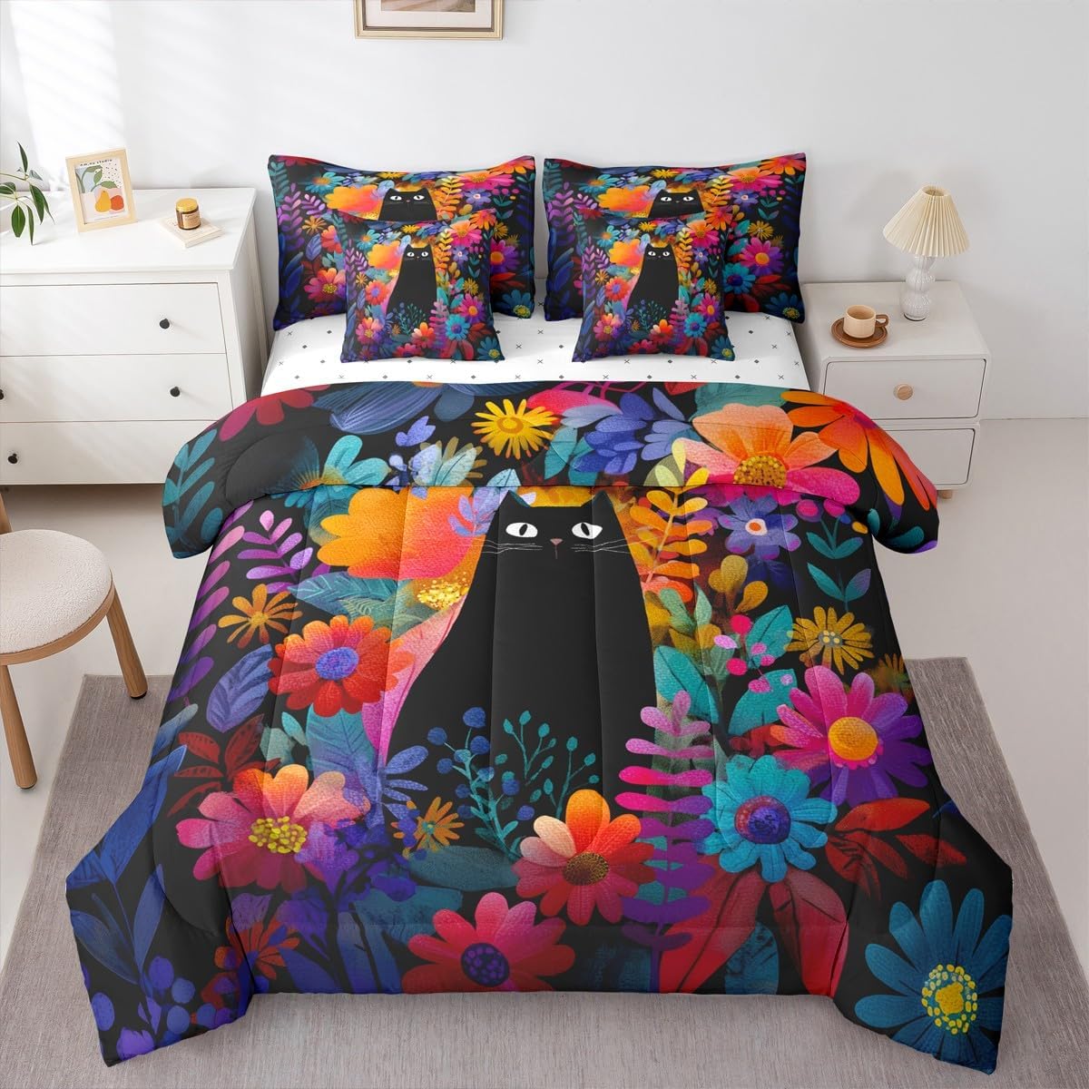Erosebridal Floral Bedding Set King Watercolor Elegant Flower Comforter Set 7 Piece Farmhouse Botanical Boho Bed in A Bag for Adults Garden Plant Leaves Quilt with Flat Fitted Sheet