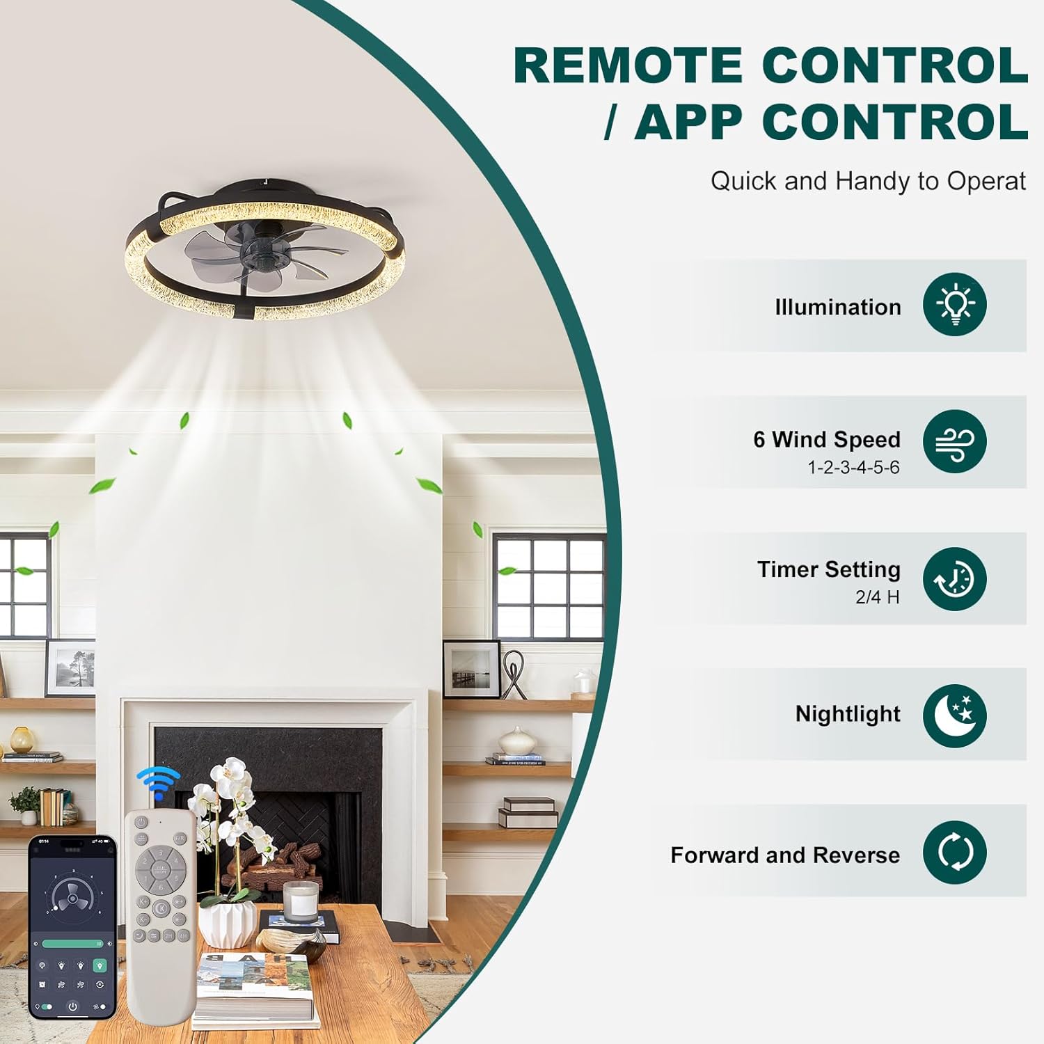 Circular Crystal Ceiling Fans with Lights and Remote, 19.7" Low Profile Ceiling Fan 6 Speeds Dimmable LED Fan Light, Flush Mount Black Fandelier for Bedroom