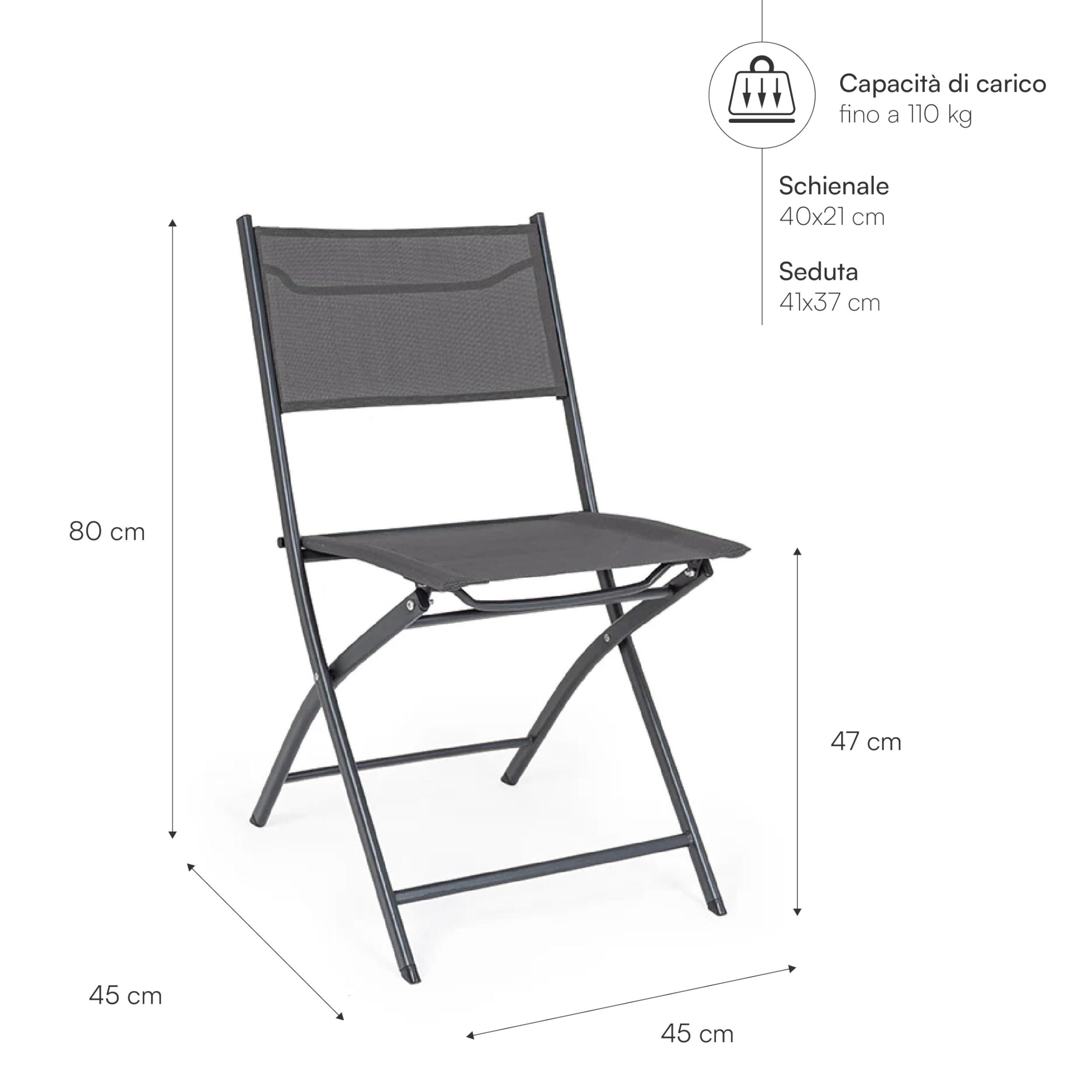 Baroni Home Set 4 Pieghevoli Sedie da Esterno, Sedie da Giardino Richiudibili Impermeabili, 45x45x80 cm Grigio