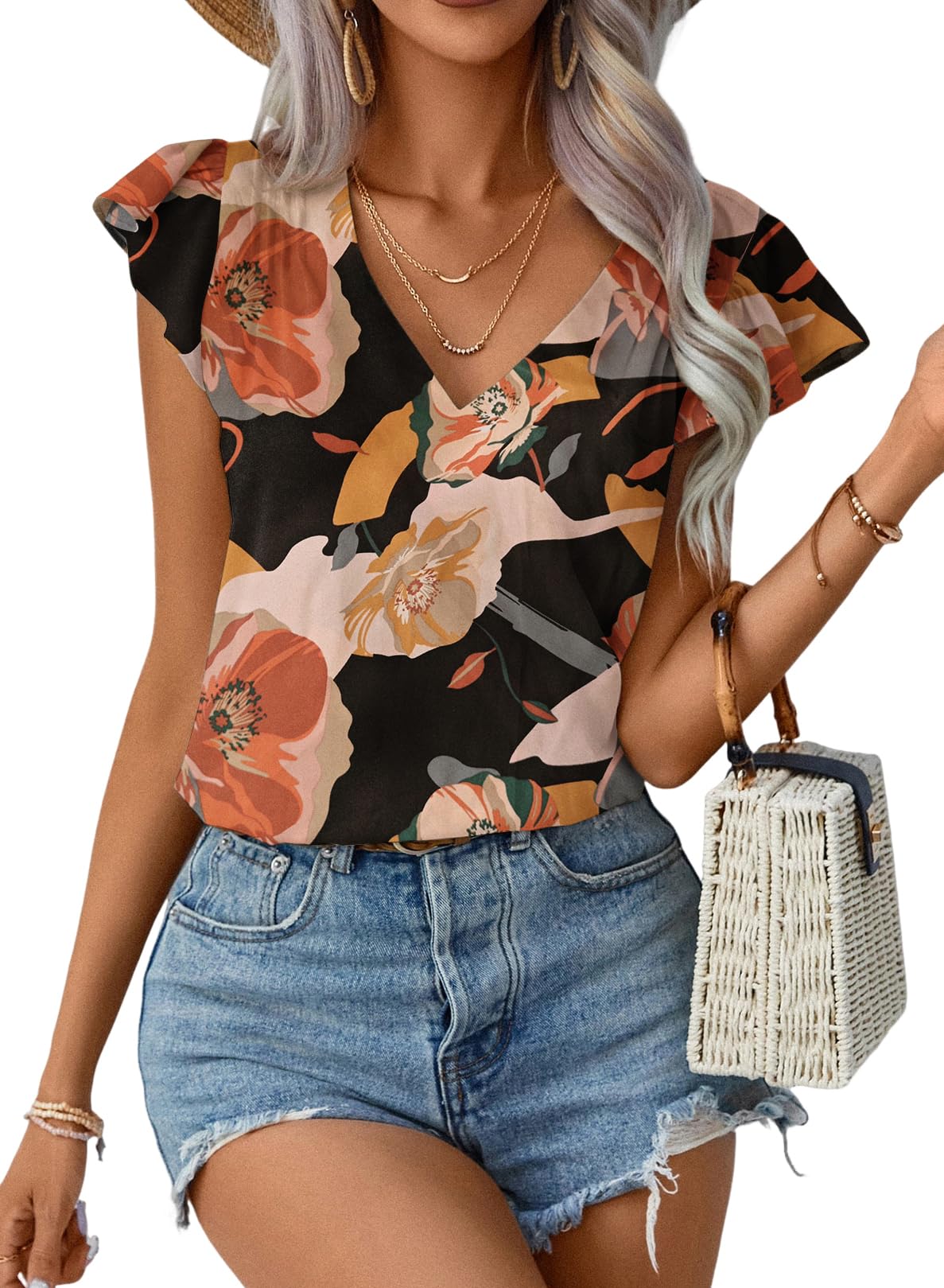Spriolim Women's Ruffle Short Sleeve Shirt Summer Pleated V Neck Top Casual Loose Chiffon Blouses