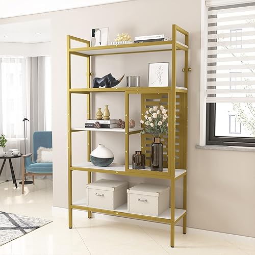 Miniatura 8 de Weehom Estantería industrial ajustable de 5 niveles, estante de madera y metal, estantes altos de pie de exhibición abierta, estantería rústica para