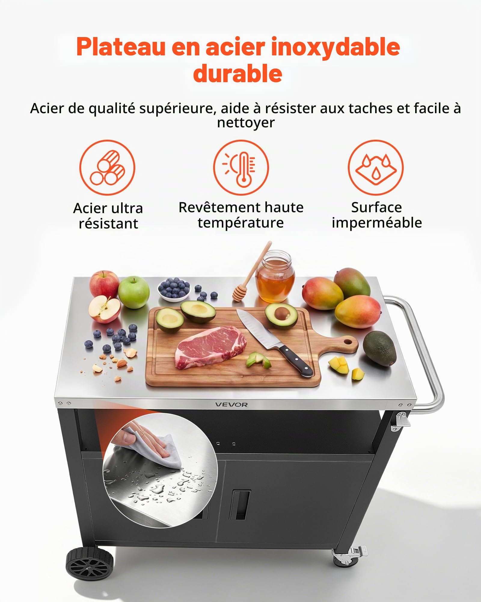 VEVOR Desserte Plancha Extérieure 92,4 cm, Chariot de Barbecue avec Plateau en INOX et Placard, pour BBQ Jardin Terrasse, Plan de Travail Mobile pour Cuisine d'Été, Table de Barbecue avec roulettes