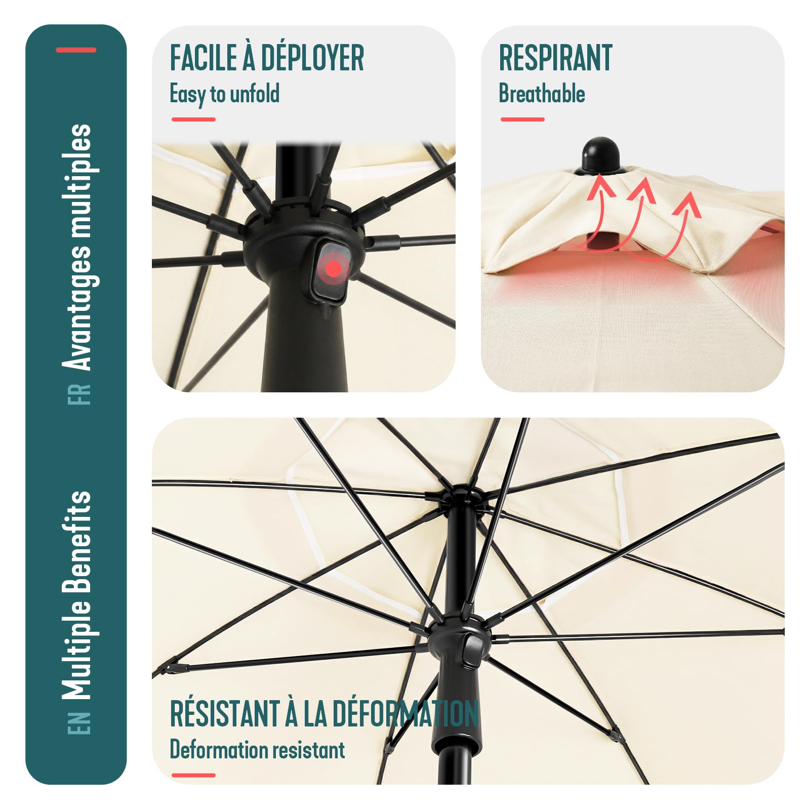 VOUNOT® Sombrilla Playa Grande Ø200cm y Soporte Arena Mástil Inclinable Altura Regulable Protección UV 50+ Parasol con Techo Ventilación Bolsa Transporte para Playa Terraza Balcón Camping Exterior — view 7