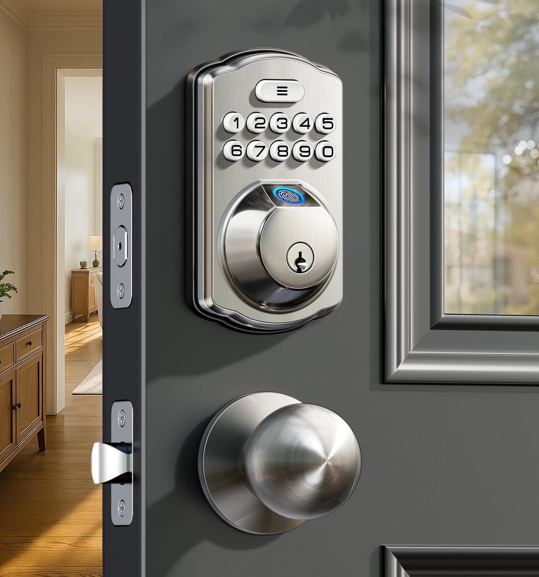 Fingerprint Door Lock with 2 Knobs - Keyless Entry Door Lock with Handle, Electronic Keypad Deadbolt, Smart Front Handle Set, Auto-Locking, Waterproof, Easy Installation, Satin Nickel