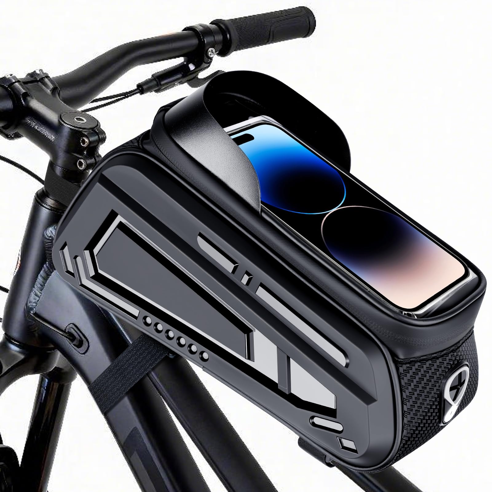 HRX Package Bike Frame Bag, Bike Accessories, Bike Bag Linkage Zipper Bike Phone Holder Waterproof, Large Capacity 2L Mountain Bycycle Bag, Touch Screen Phone Holder, Outdoor Sports Riding