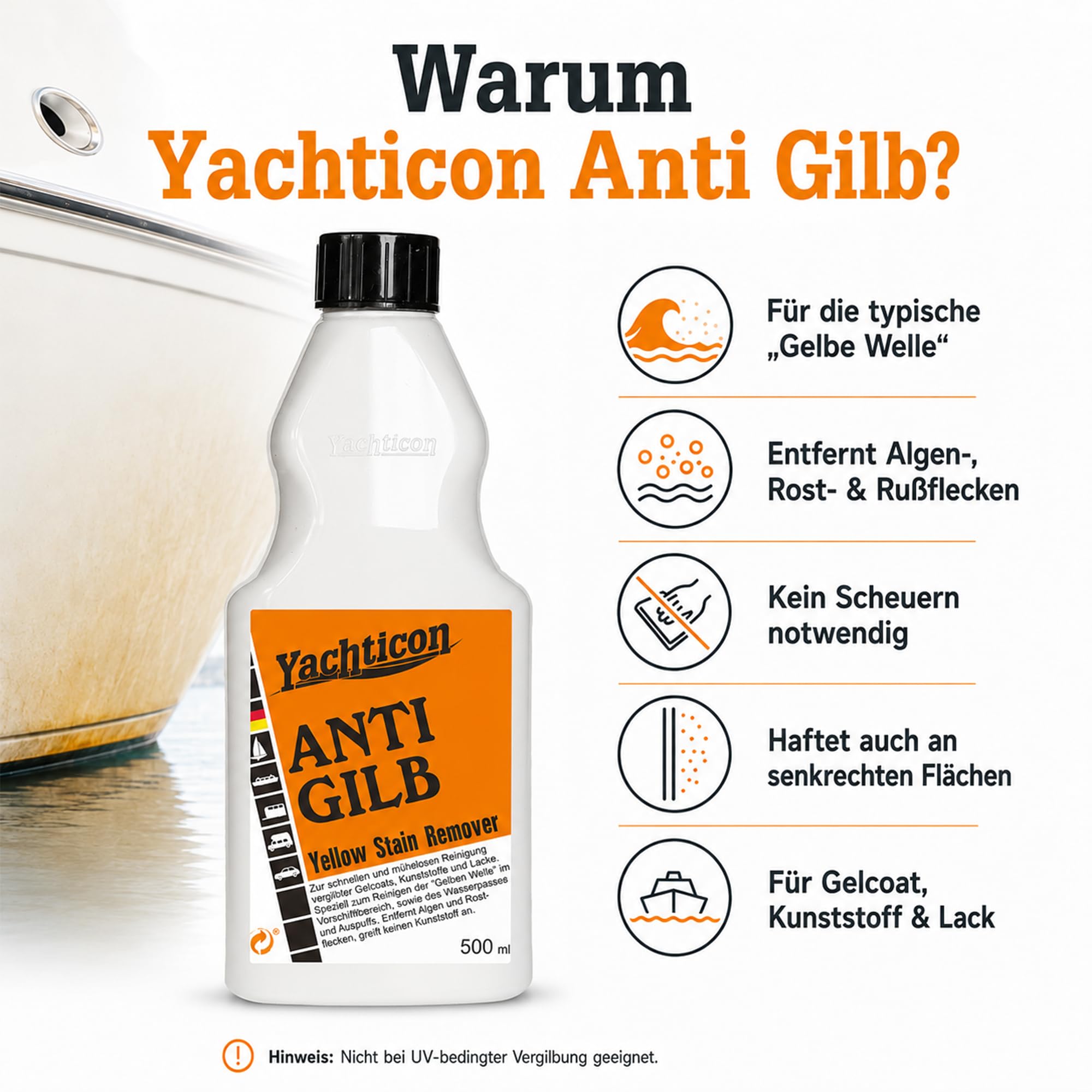 YACHTICON Anti Gilb Gelcoatreiniger, GFK Bootsreiniger für Yacht und Boot, Entfernt Vergilbungen am Wasserpass, Rumpfreiniger gegen Algen und Rost, Bootspflege Reinigungsmittel