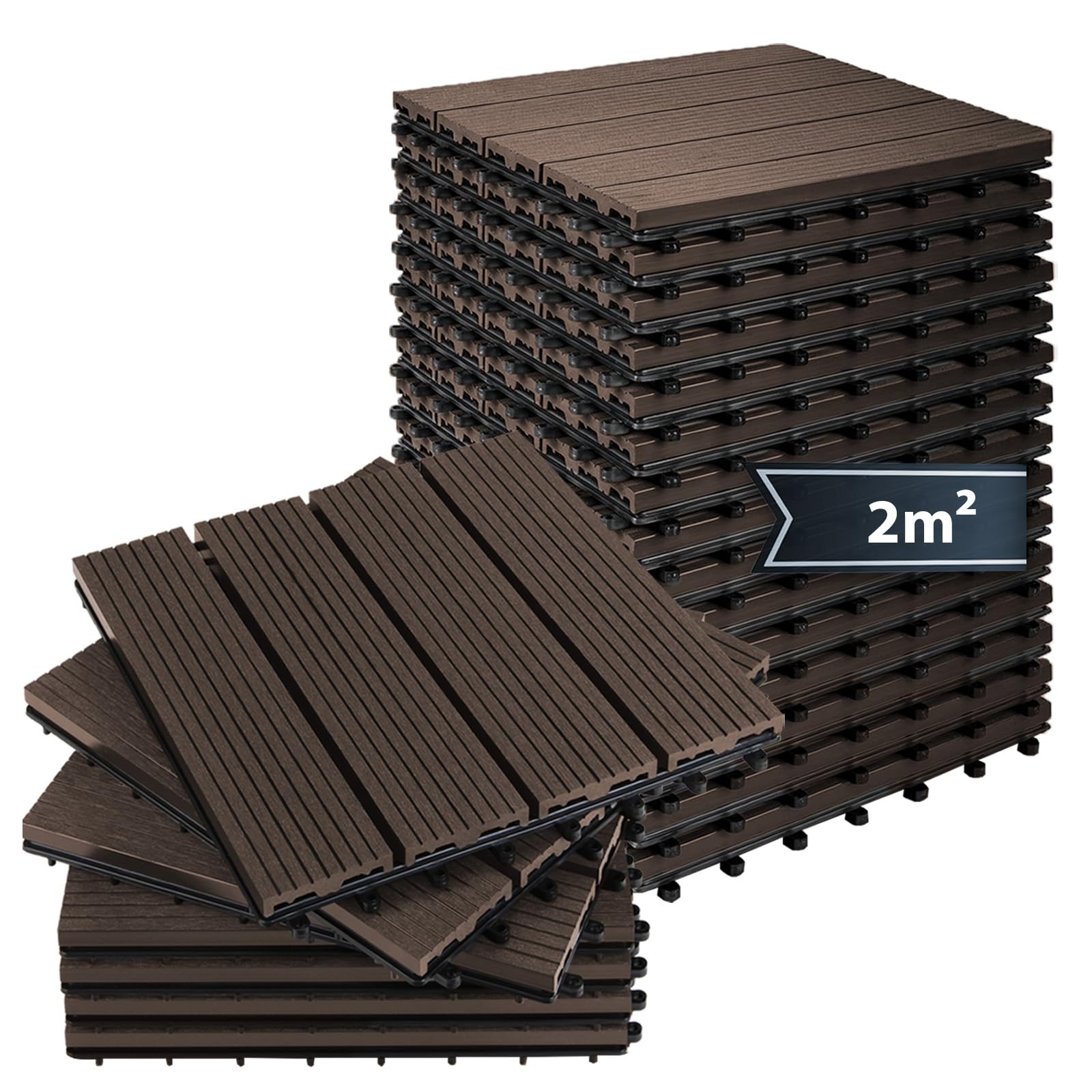 Montafox Piastrelle WPC 30x30 cm 11 Pezzi / 1 m² o 22 Pezzi / 2 m² a Incastro Effetto Legno Pavimento per Terrazza e Balcone, Dimensione:2 m² | 22 Piastrelle, Colore:Marrone Scuro