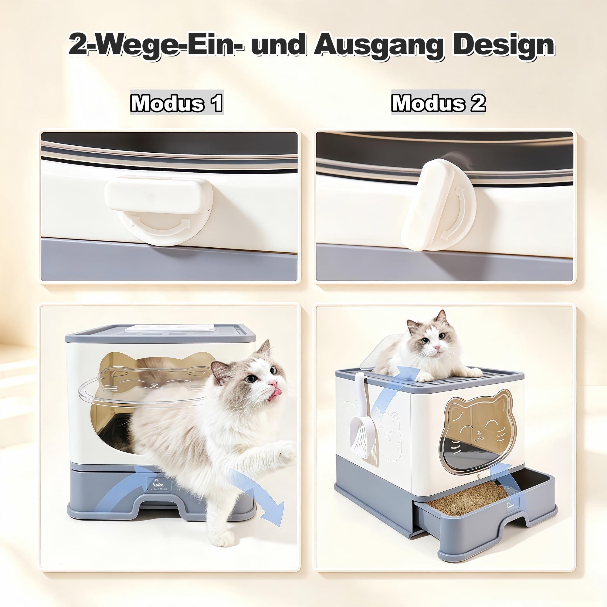 Geschlossene Große Katzenklo mit Dach & Deckel | Faltbare Katzentoilette mit Schubladensystem, Inklusive Katzenstreuschaufel, Geeignet für Katzen bis 8 kg Hellgrau Weiß-Grau