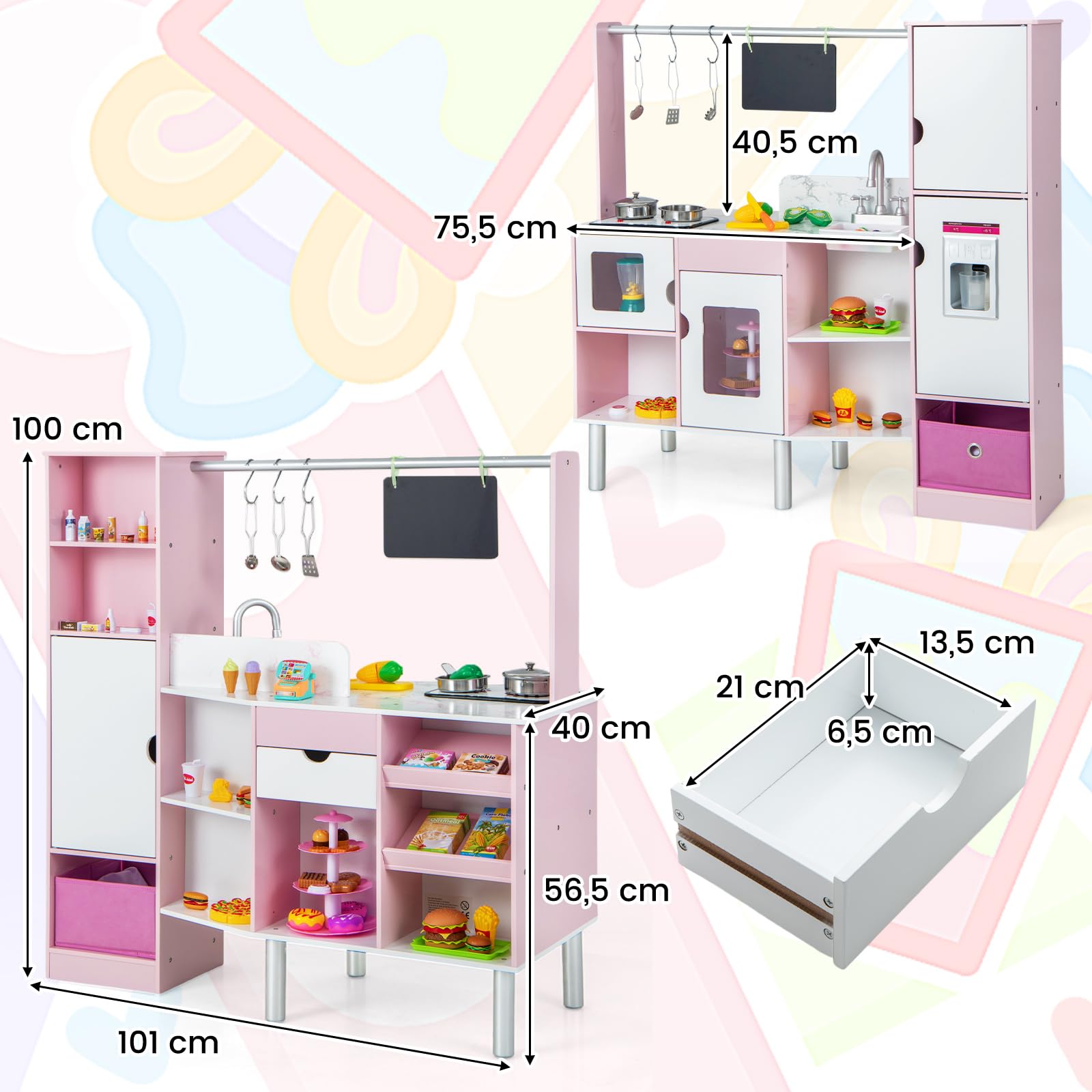 COSTWAY 2 in 1 Kinderküche & Kaufladen, Spielküche mit Licht und Sound, interaktiver Eismacher & Tafel, inkl. 82 Zubehörteile, doppelseitig, Spielzeugküche für Kinder ab 3 Jahren