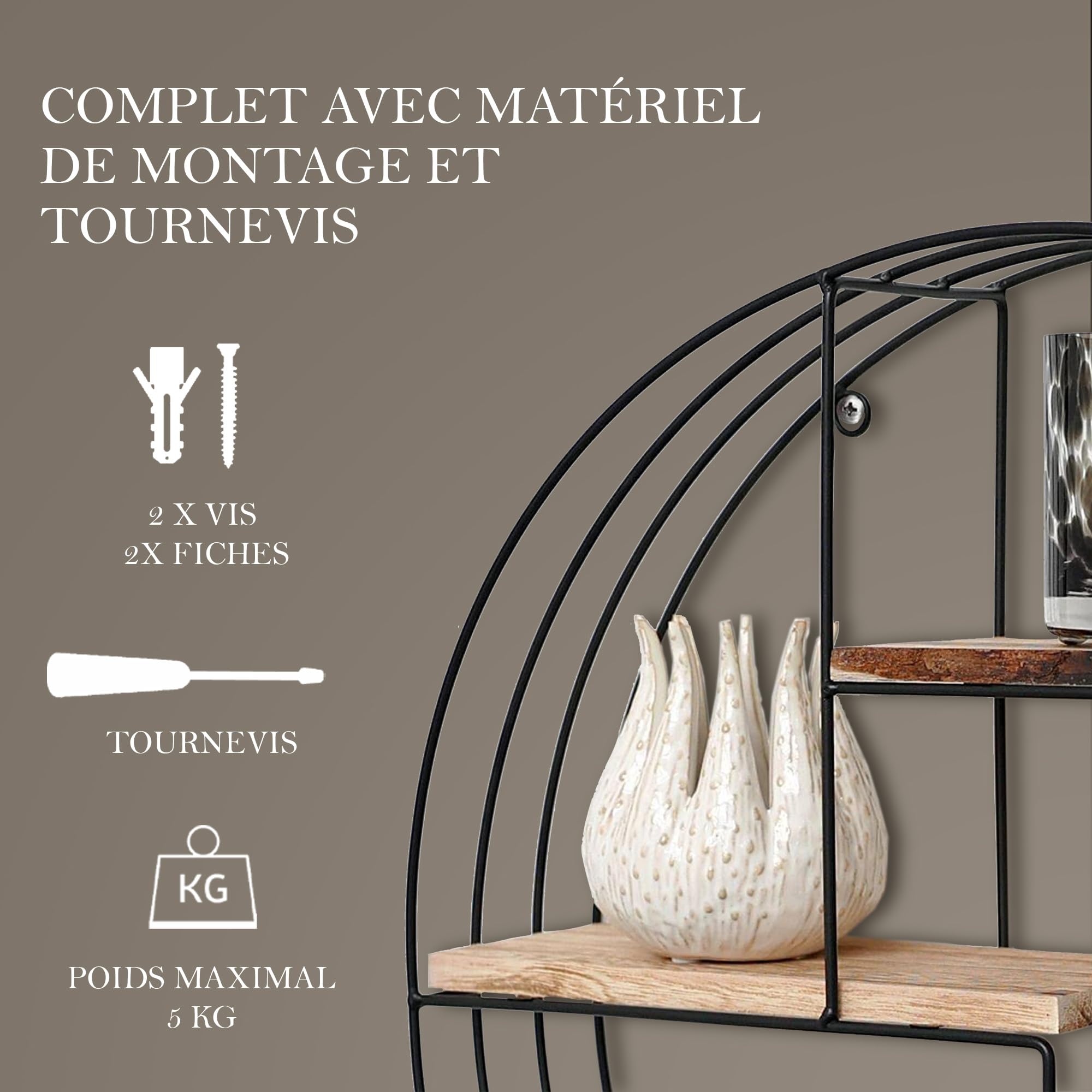 Vivol Etagere Murale Ronde en Métal Noir - 4 Tablettes en Bois - 50x11 cm