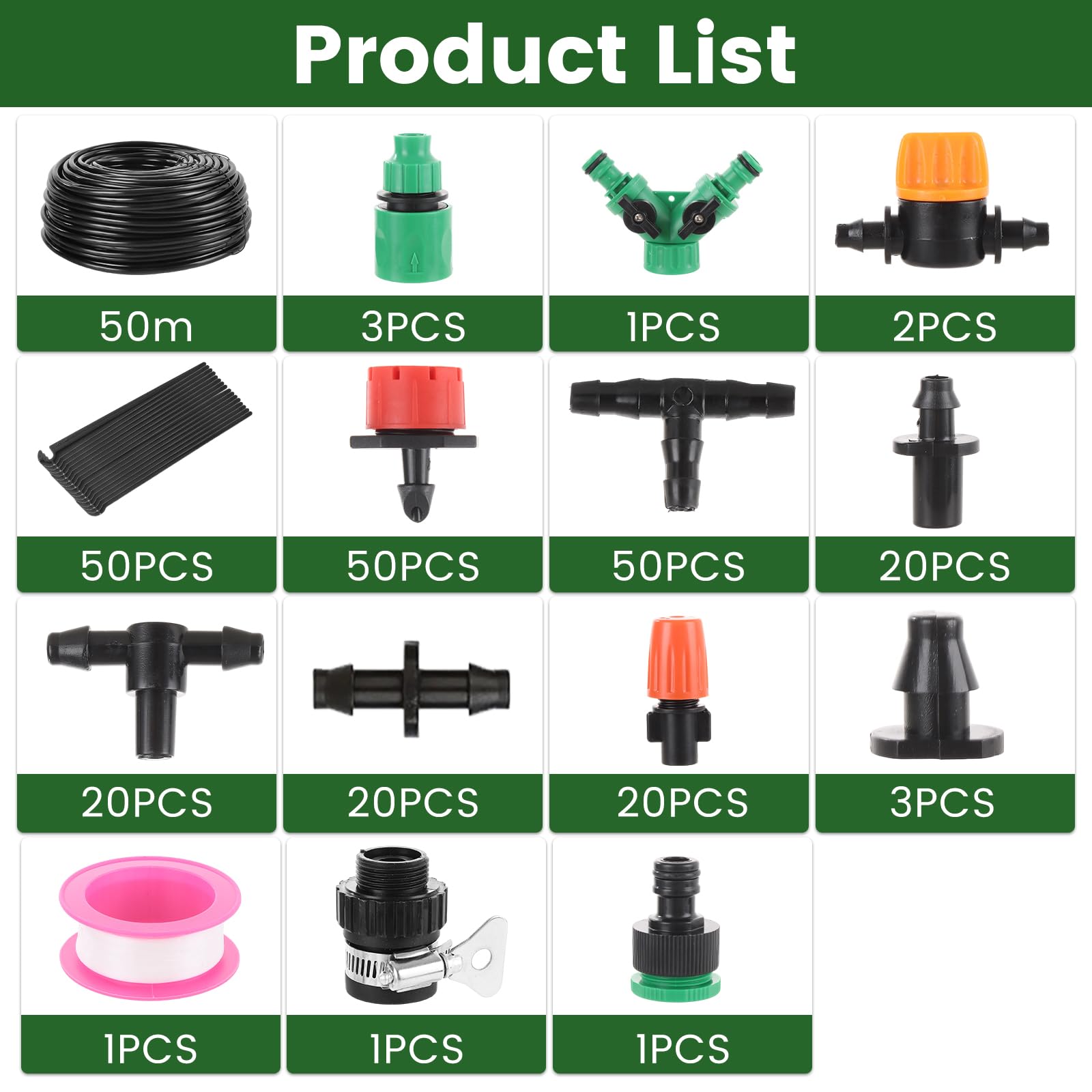 APACALI Kit sistema di irrigazione da 50 m, kit di sistema di irrigazione a goccia da 243 pezzi, con tubi di irrigazione e accessori, sistema di irrigazione da giardino per serre, cortile, prato