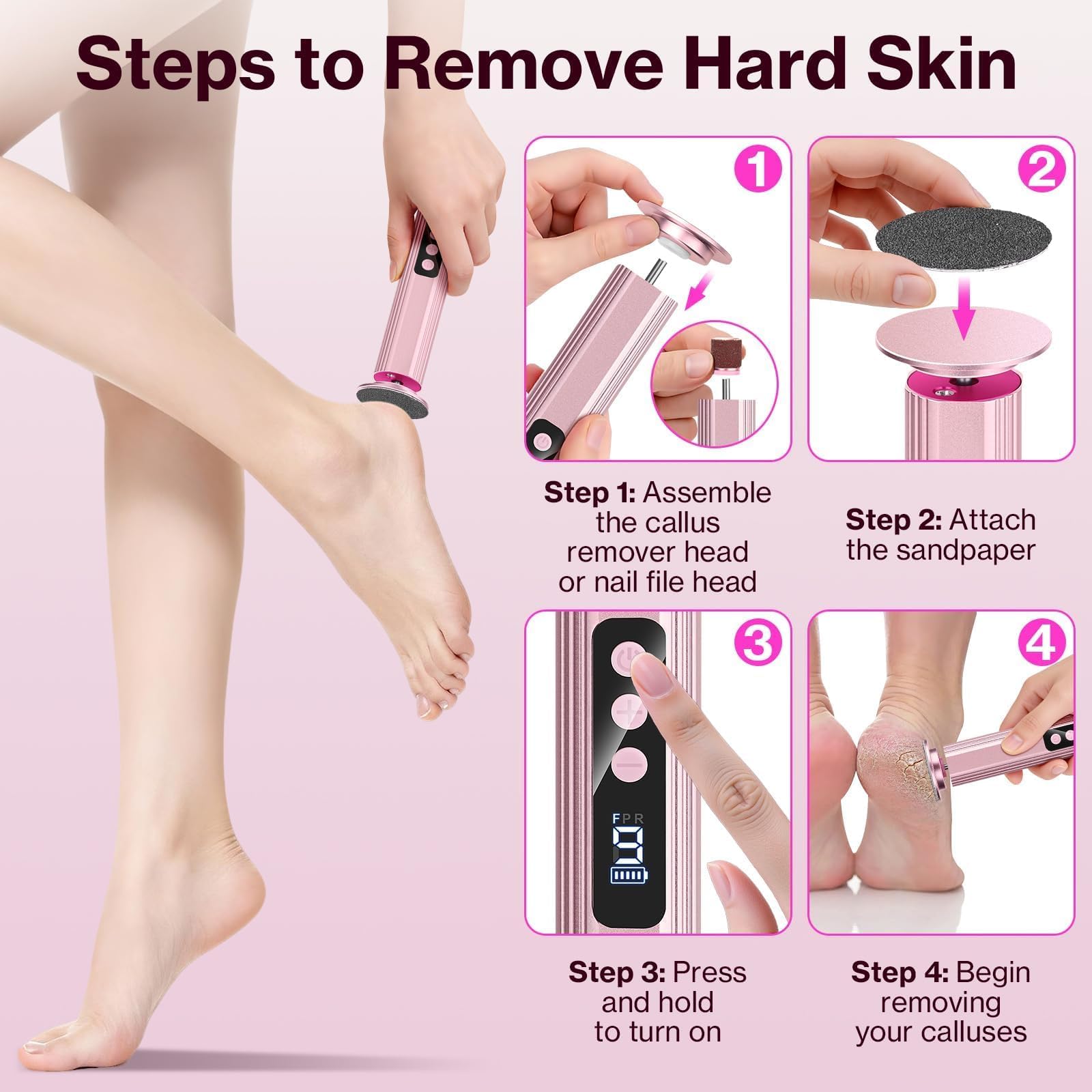 Rapeuse Pieds Electrique,14 en 1 Kit de Ponceuse Pieds et Lime Ongles,9 Vitessesavec,Ponceuse Pied Rechargeable 2000 mAh avec 40 feuilles et 20 Cercle de sable,Pour Pédicure, Callosités (Rose)
