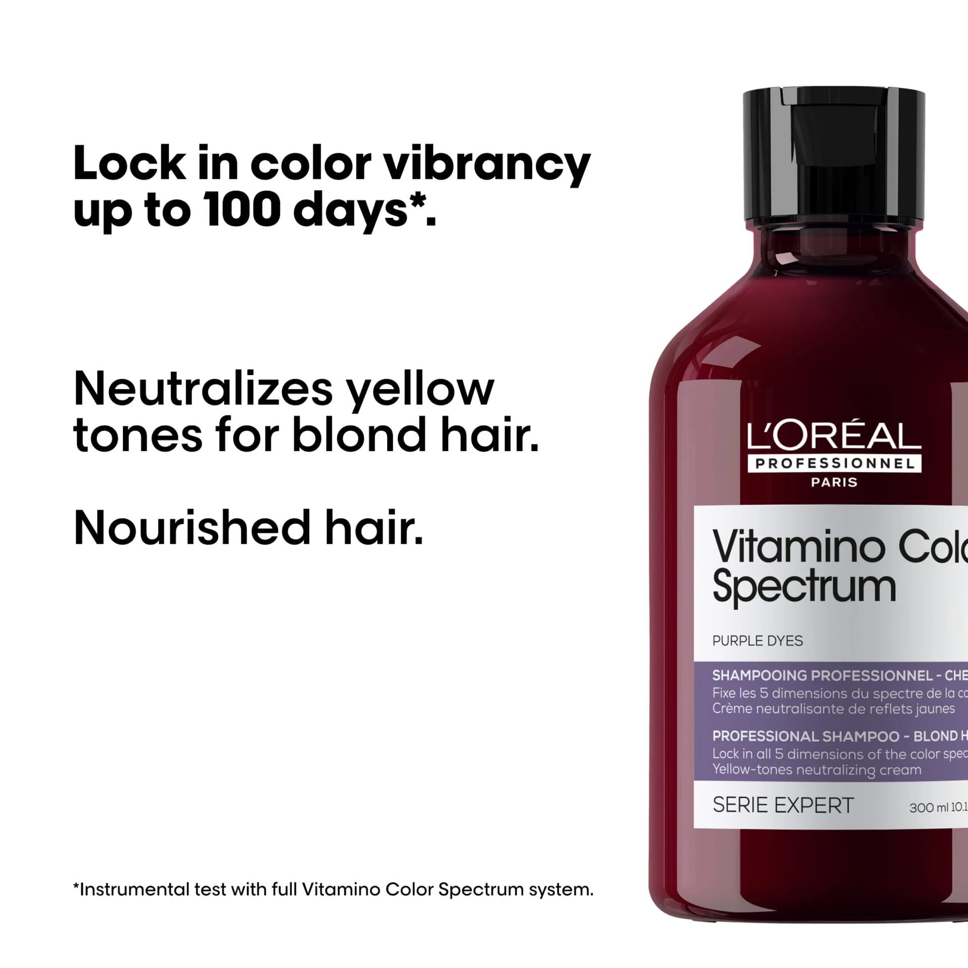 Champú L'Oréal Professionnel para brillo de color con efecto de cristal en cabellos teñidos, neutraliza el amarillez, serie Expert, Vitamino Color Spectrum Purple Dyes Neutralizing, 2 x 300 ml