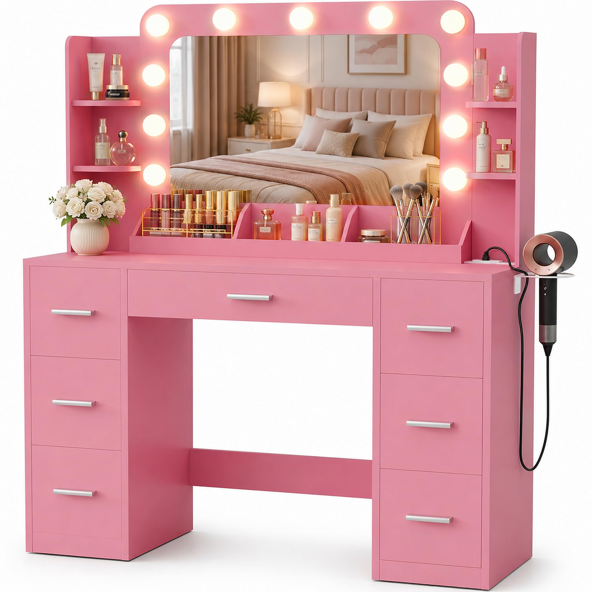 Furmax Vanity Desk with Hollywood Style Mirror with LED Lights, Makeup Table Vanity with 2 AC Outlets and1 USB＆1 Type-C Port, Adjustable Lighting, Modern Ample Storage Drawers Dressing Table (Pink)