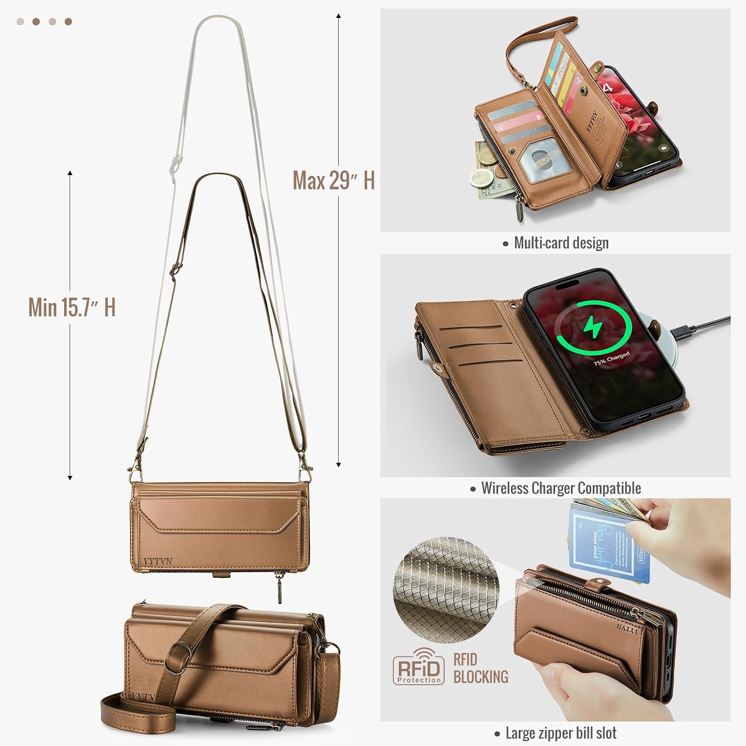 for iPhone 17 Air Wallet Case with Zipper Card Holder & Crossbody Lanyard Strap & Wrist Strap, RFID Blocking PU Leather Magnetic Flip Handbag Purse Case for iPhone 17 Air -Brown