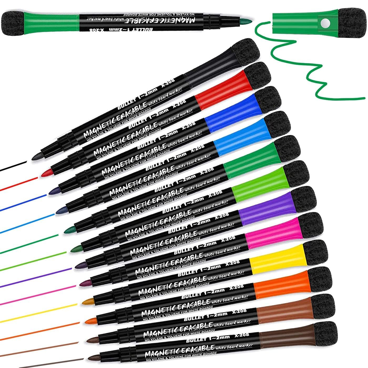 Whiteboard Markers 12 Pack, Dry Wipe Pens, White Board Markers Erasable White Board Pens Colour, Magnetic Whiteboard Pens with Eraser, Thin Dry Erase Marker Fine Point, Teacher Supplies