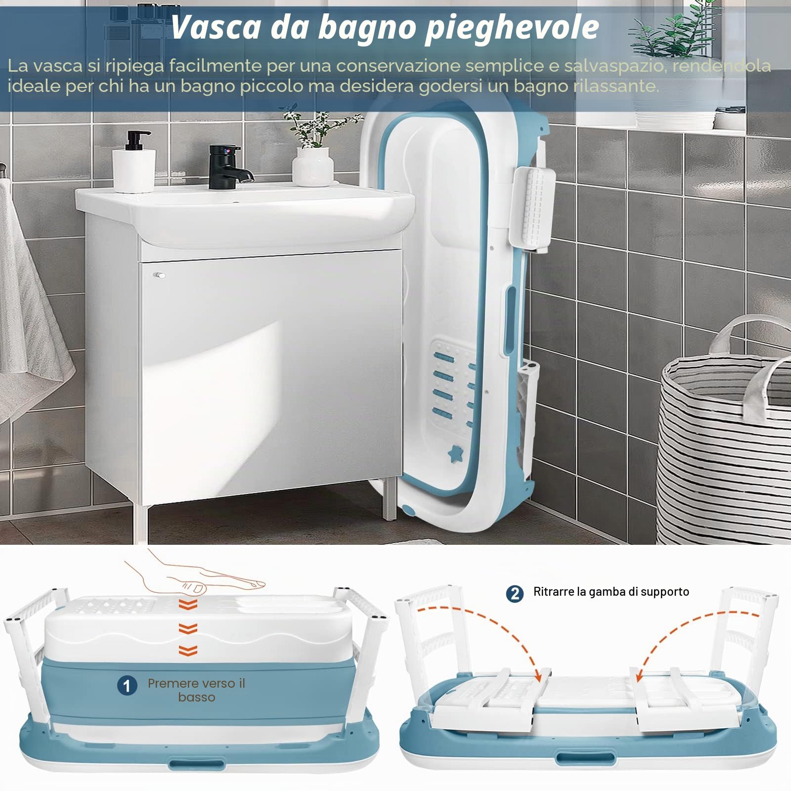 UISEBRT Vasca da bagno pieghevole per adulti XXL, vasca da bagno pieghevole 148 x 62 x 53 cm, vasca da bagno pieghevole portatile con copertura rimovibile, portasapone, rulli massaggianti, per bagno