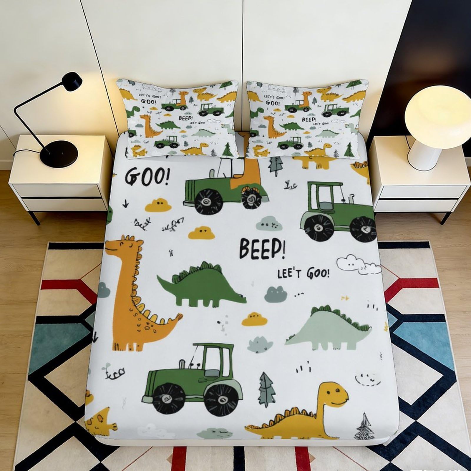 3D Printed Dinosaur Tractor Fitted Sheet Microfiber Soft Breathable Forest Bed Cover for Bedroom Dorm Mattress Decor 90x200x25cm