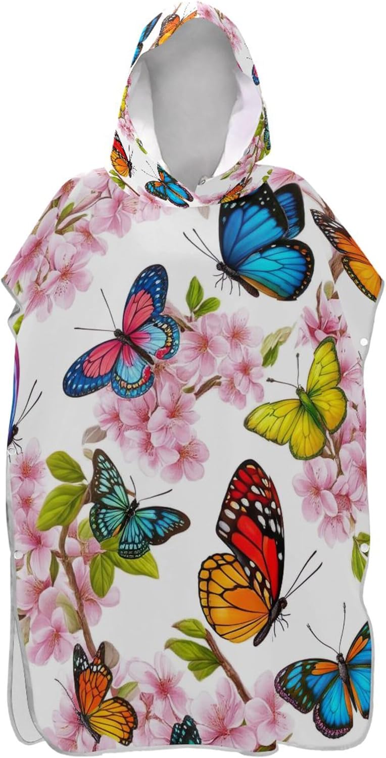 Vibrant Butterflies Cherry Tree Changing Robe for Adults Surf Poncho Wearable Womens Ponchos with Hood Hooded Beach Towel Print