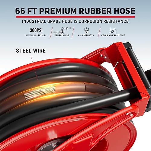 Vista 22 de Carrete de manguera de combustible diésel retráctil de 1 pulgada x 50 pies con boquilla de combustible, carrete de manguera diésel de 300 PSI