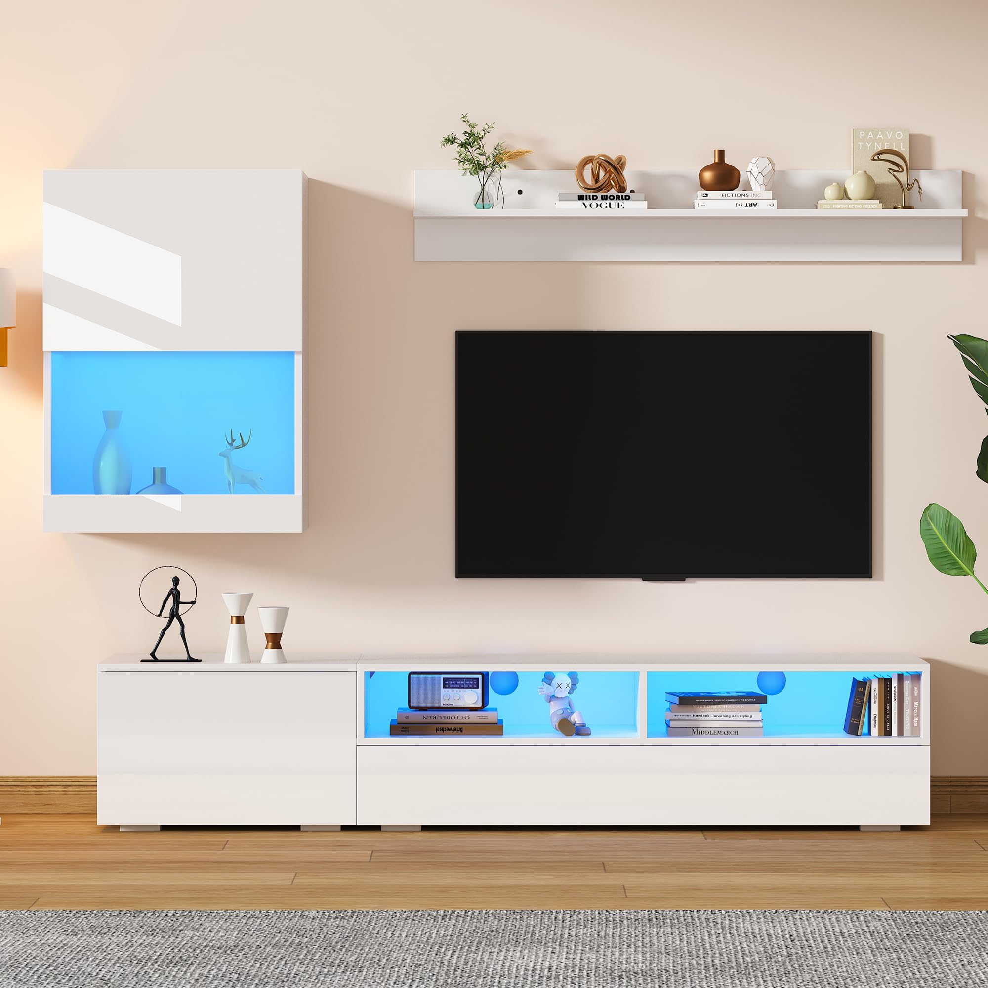 ModernLuxe TV Wall Unit Set for 80 Inch TV, 3 Piece High Gloss TV Stand Unit, Modern TV Cabinet Set with Display Cabinet & Wall Shelf, LED Entertainment Unit, Living Room Furniture Set, White