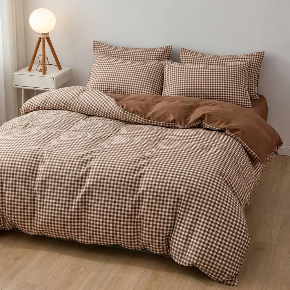 Covebett Gingham Single Duvet Cover Sets Chocolate Brown Checkered Modern โ image 1