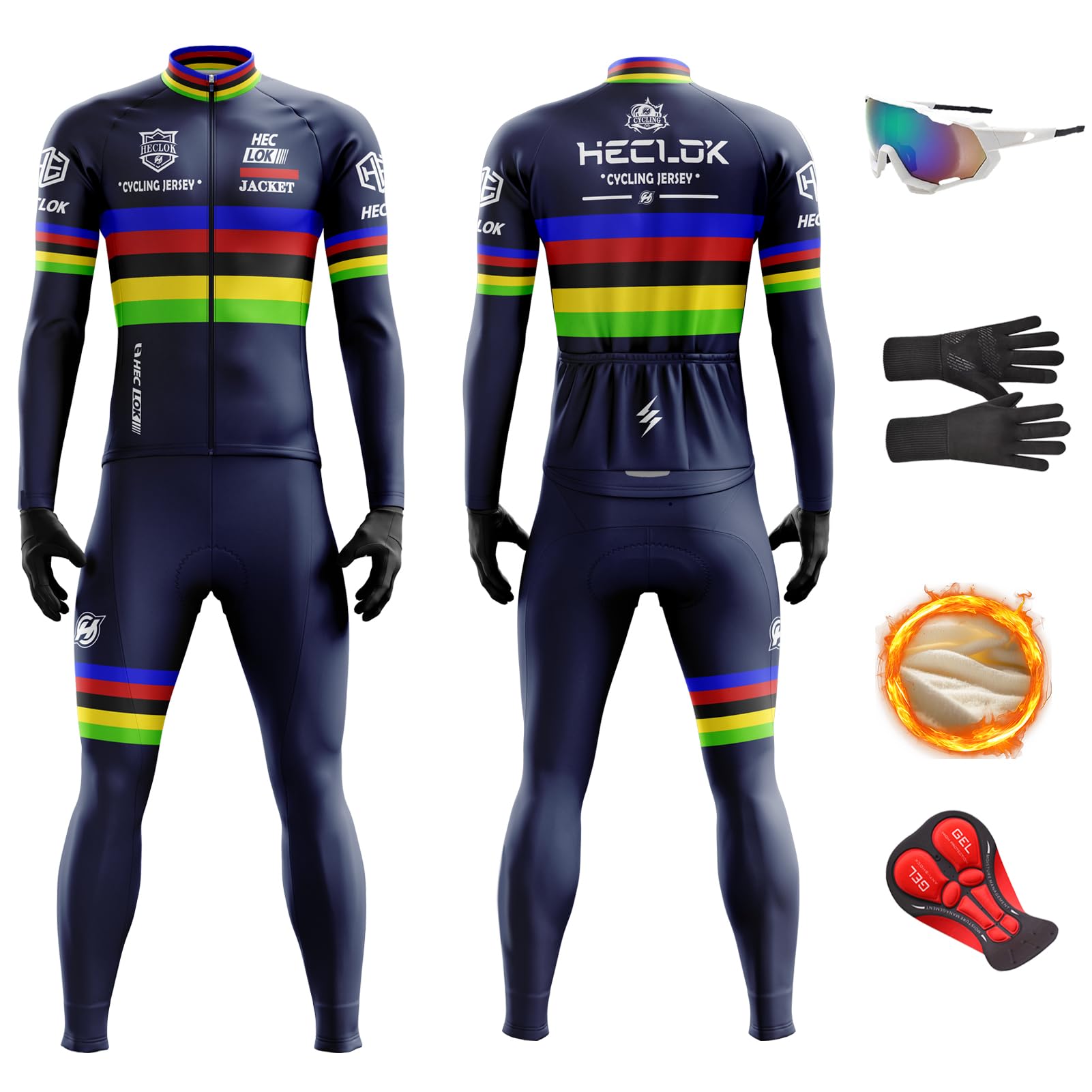 Maillot de Cyclisme Hiver Homme | Ensemble Thermique Polaire à Manches Longues et Culotte avec Gel | Tenue Vélo Route