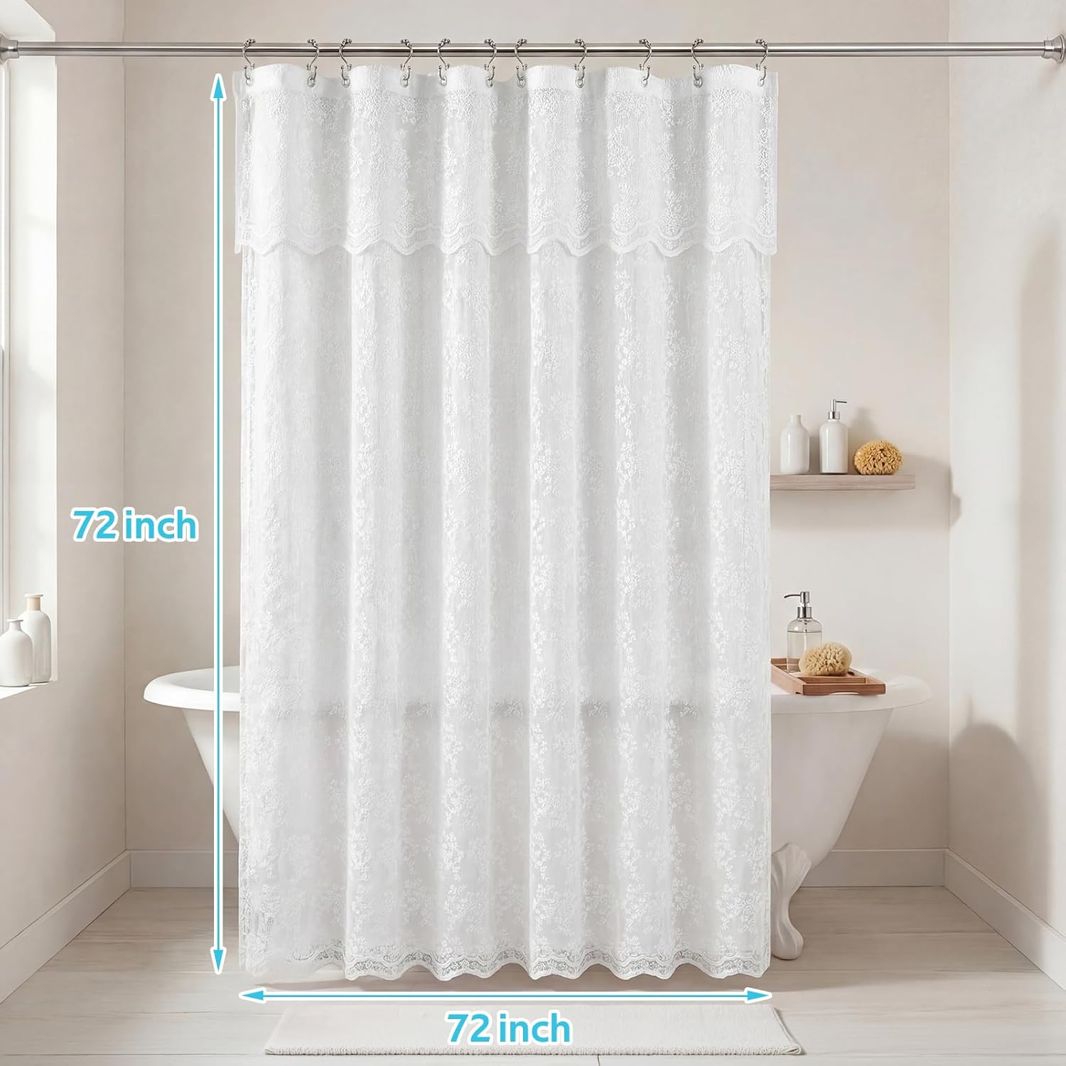 Lace Shower Curtain with Liner Set, White 3-in-1 Shower Curtain with Attached Valance, Floral Vintage Sheer Scalloped French Country Bathroom Decor, Includes 12 Stainless Steel Hooks, 72 x 72