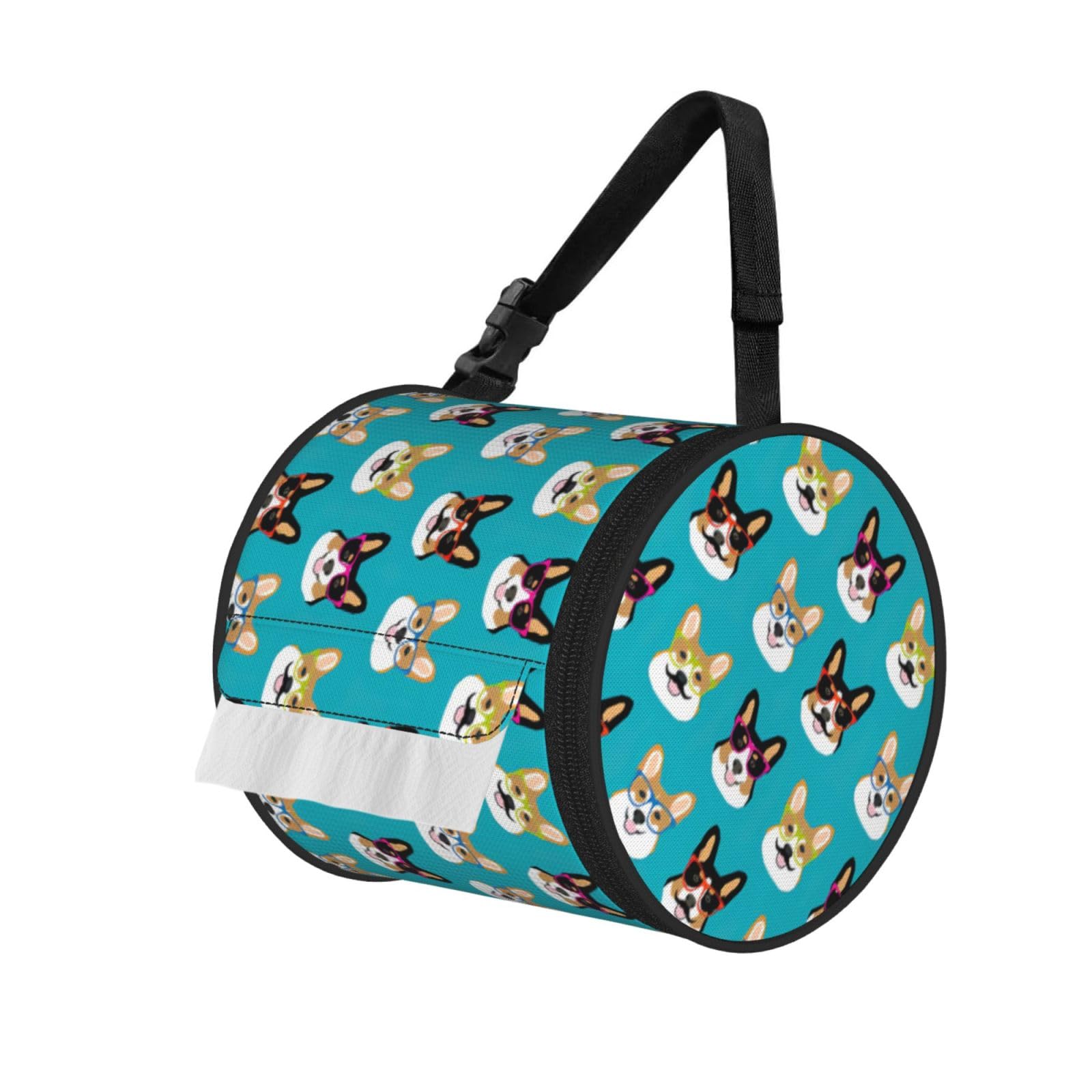 Cute Corgi Glasses and Mustaches Printed Roll Paper Carrier Bag, Foldable Oxford Cloth Tissue Case for Camping Hiking Backpack