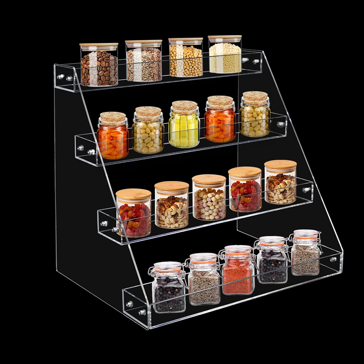 VAEHOLD Acrylic Spice Rack Organizer, 4 Tier Clear Vertical Rack for Cabinet & Countertop (4 Tier 12'L)