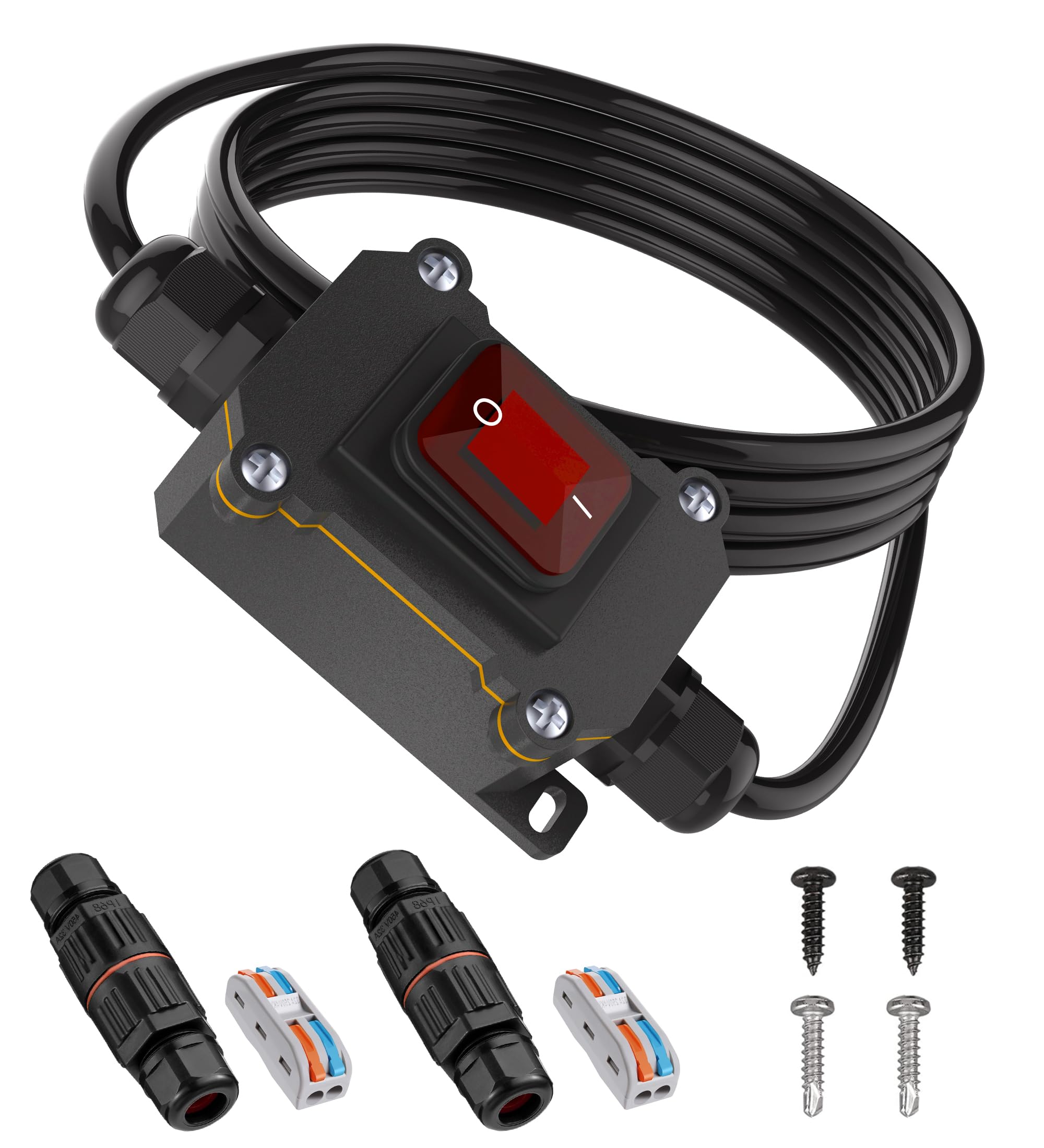 PAGUO Inline Cord Switch 12V 20A DC IP68 Waterproof with 14 AWG Wire, Inline Switch 2 Position 4 Pin with Junction Box and PCT-222 Quick Connector,