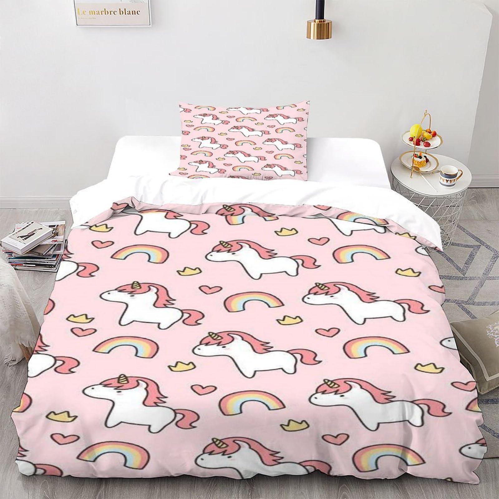 Housse de couette animal licorne 135x200 parure lit 2 pièces microfibre rose avec taie d'oreiller