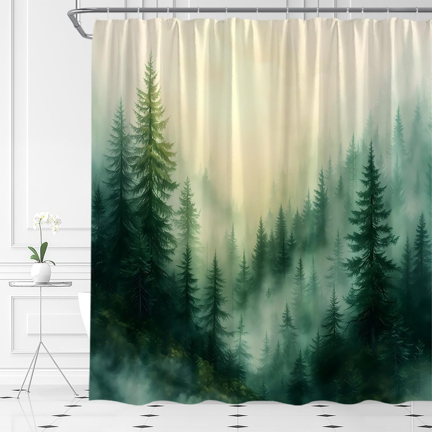 Misty Forest Shower Curtain Watercolor Pine Tree Forest Foggy Mountain Rustic Nauter Scenery Home Fabric Bathroom Decor Set Include Hooks,(70" Wx74.8 H)