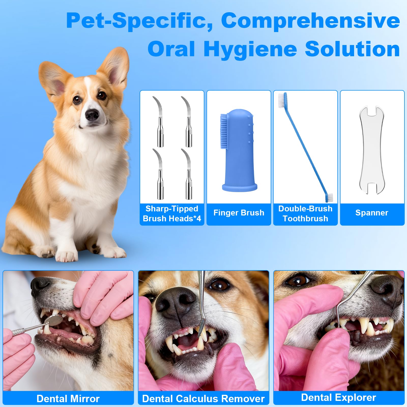 Limpiador Dental Ultrasónico para Perro y Gato, 5 Modos de Limpieza y 4 cabezales de limpieza, Kit de Limpieza de Dientes de Perro, Cepillo de Dientes para Cuidado Dental para Dientes y Gatos