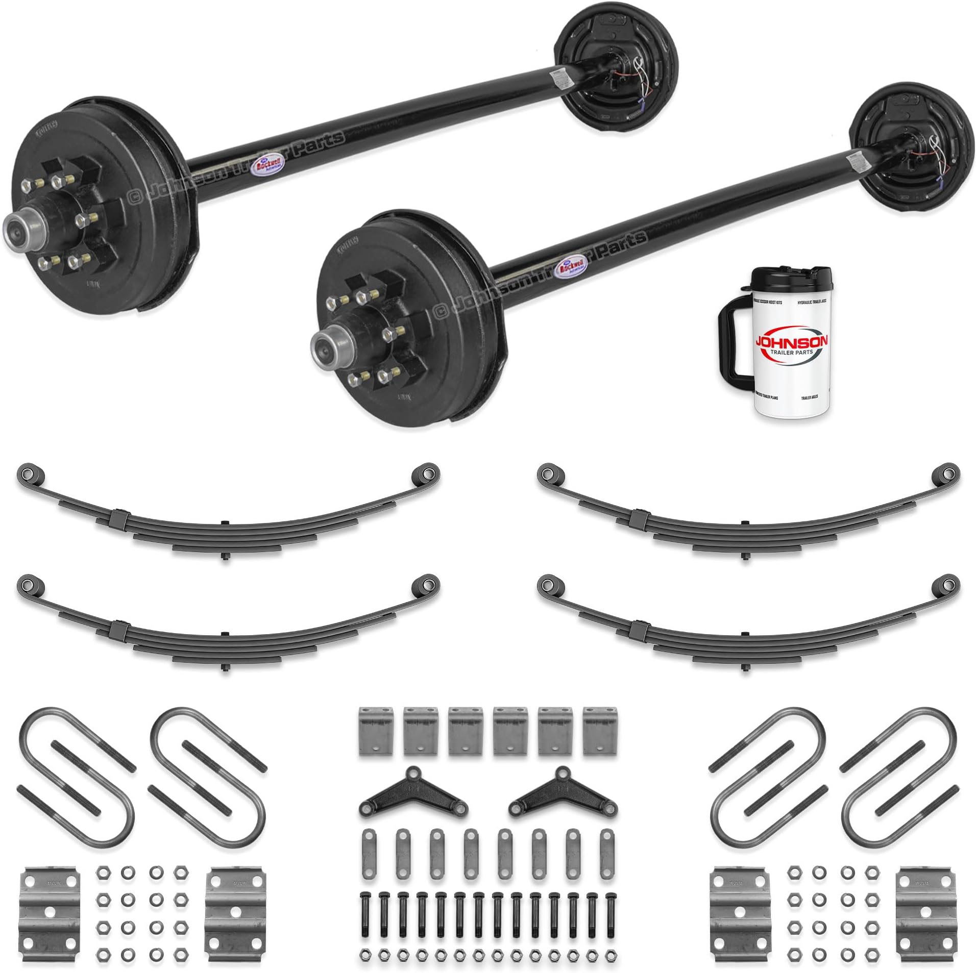 Rockwell American Tandem 5,200 lb Electric Brake Axle Kit – 84” Hubface / 70” Spring Center – 10,400 lb Capacity – 6 Lug, Double Eye Springs, Hanger Kit, Complete Running Gear