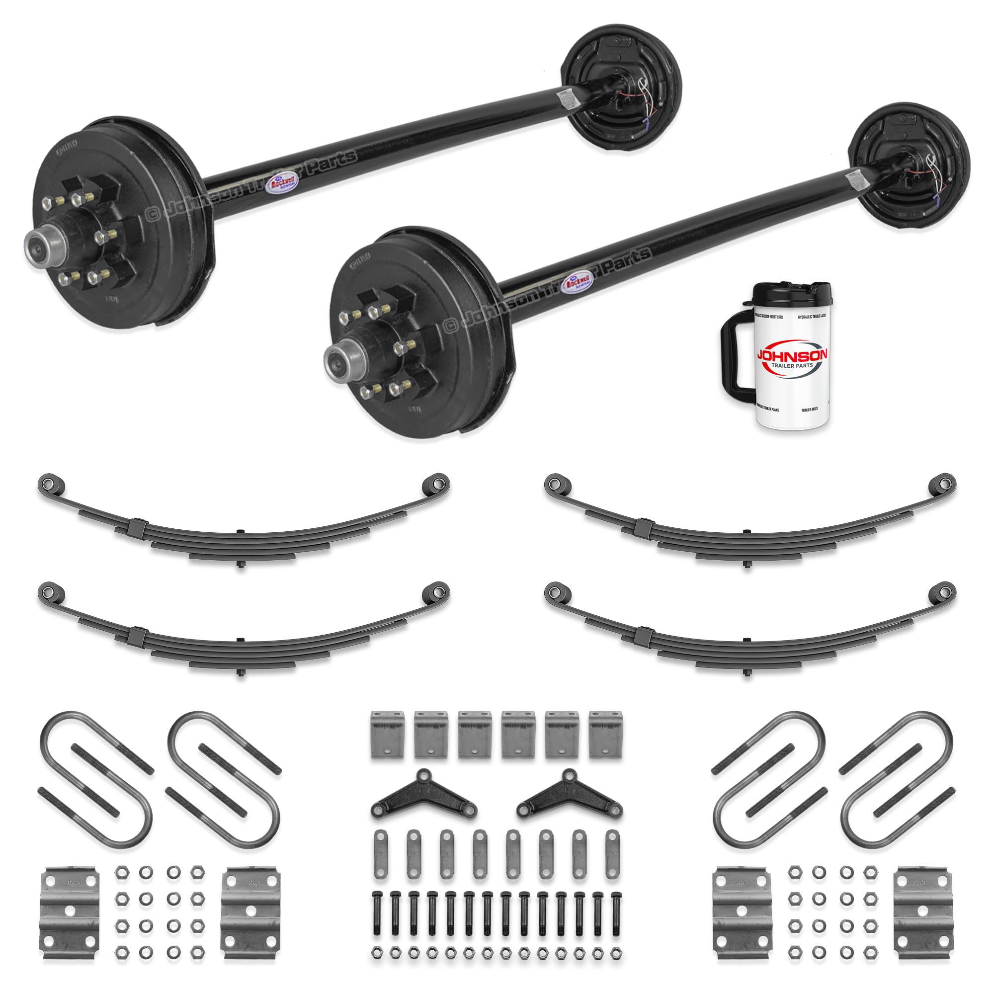 Rockwell American Tandem 5,200 lb Electric Brake Axle Kit – 84” Hubface / 70” Spring Center – 10,400 lb Capacity – 6 Lug, Double Eye Springs, Hanger Kit, Complete Running Gear