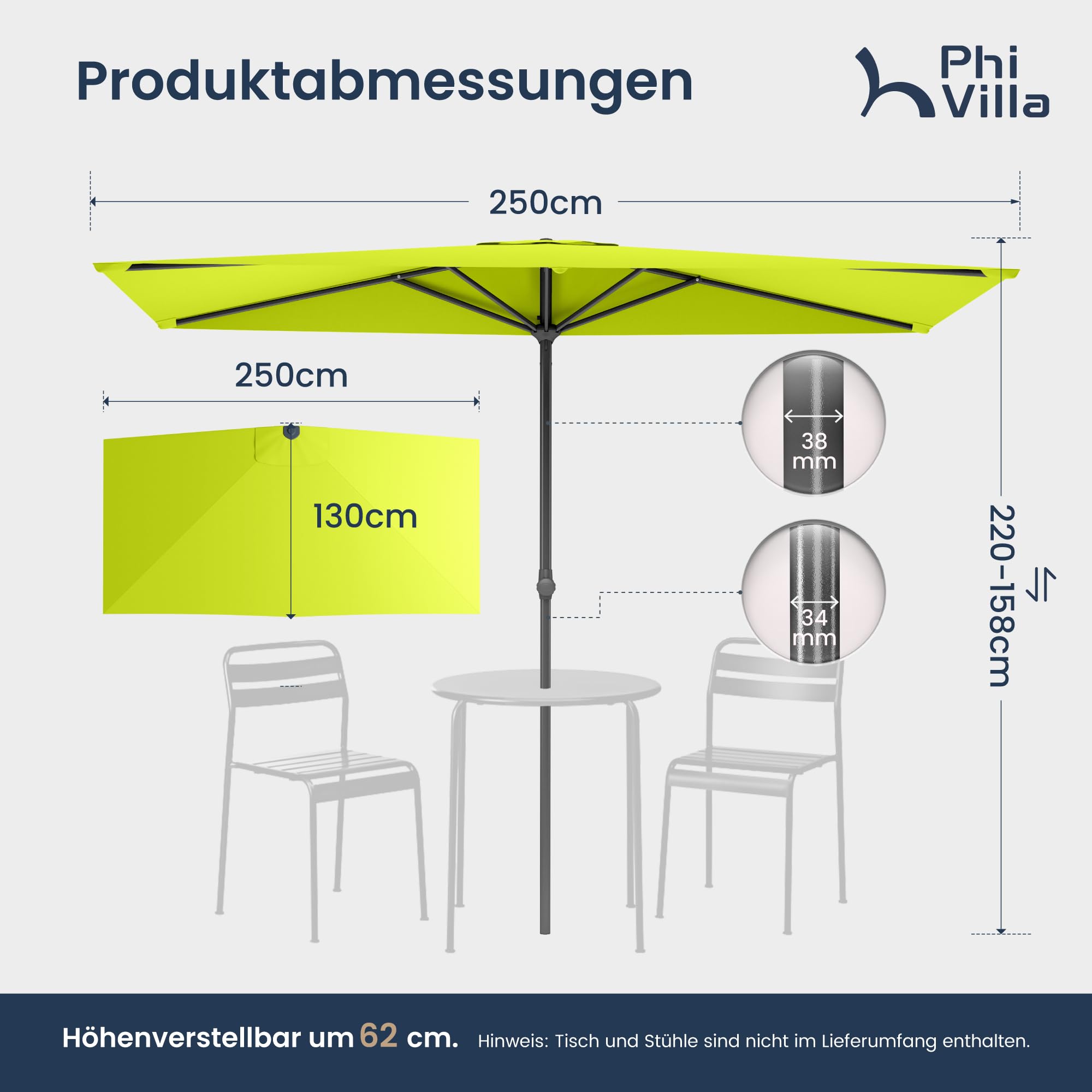 PHI VILLA 250x130cm Halber Sonnenschirm Höhenverstellbar mit Klemme, Balkonschirm Windfest Stabil zum Mitnehmen, UV50+ Schutz für Garten Terrasse Balkon Balkongeländer Tisch