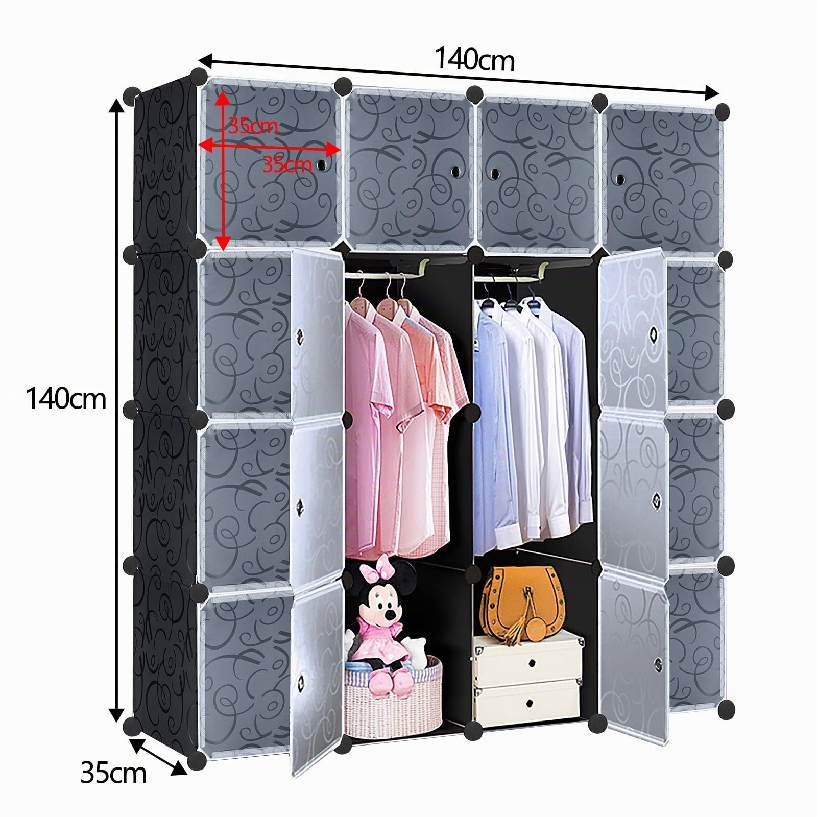 FIVMEN Armario negro con 16 cubos para manualidades, armario de plástico con puerta, sistema de estantería, 140 cm de ancho