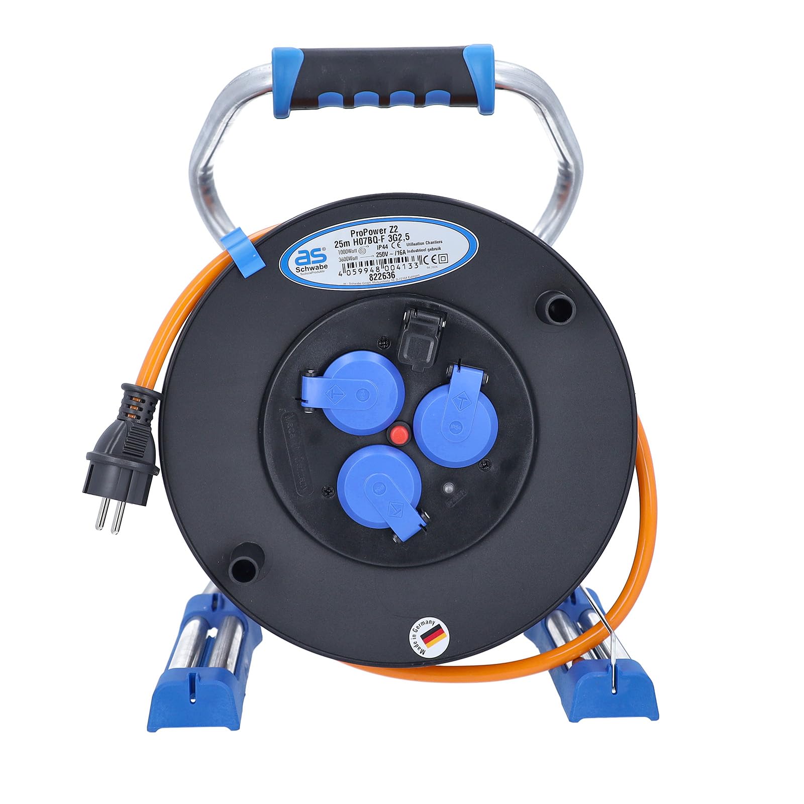 as ‑ Schwabe Xperts avvolgicavo 25 m H07BQ‑F 3G2,5, IP44 esterno, 3 prese con terra + porta USB, indicatore di tensione, protezione termica, Made in Germany