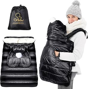 Orzbow Winter Carrier Cover with Detachable Hood, Waterproof & Windproof, Universal for Baby Carriers and Waist Stool, Bunting Bag for Car Seats and Strollers with Storage Bag, Black